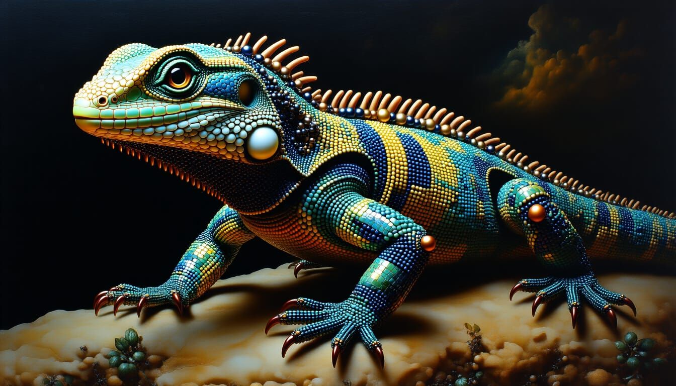 Surreal Beaded Lizard in Abstract Surrealism Style