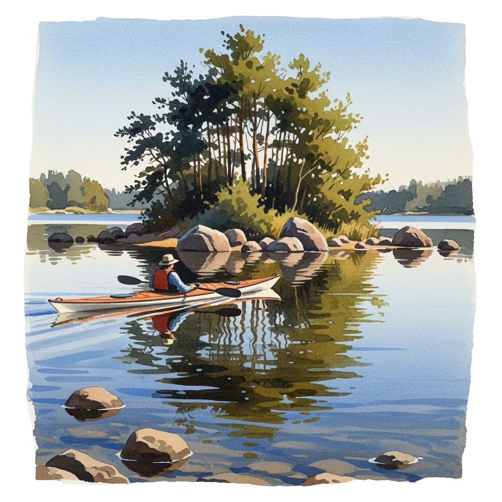 Kayak on Summer Lake in Watercolor Style