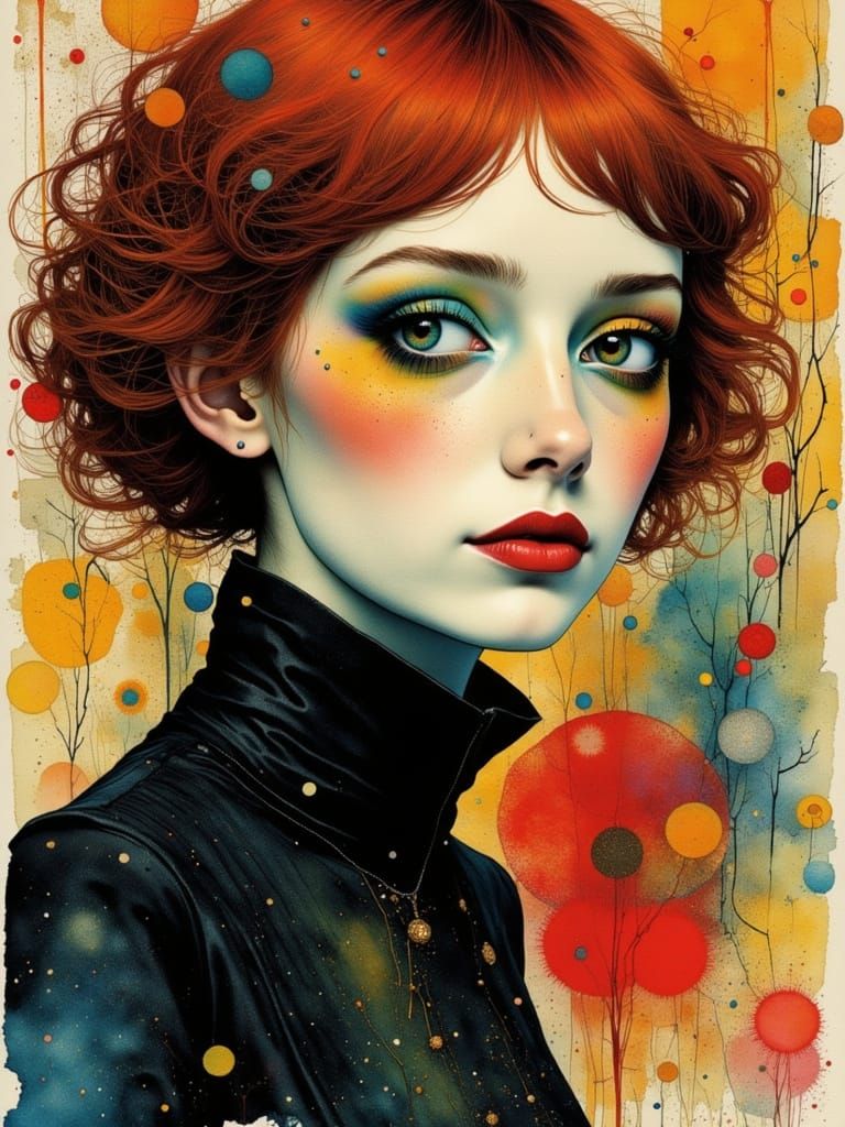 Gothic Woman with Red Hair in Watercolor Style