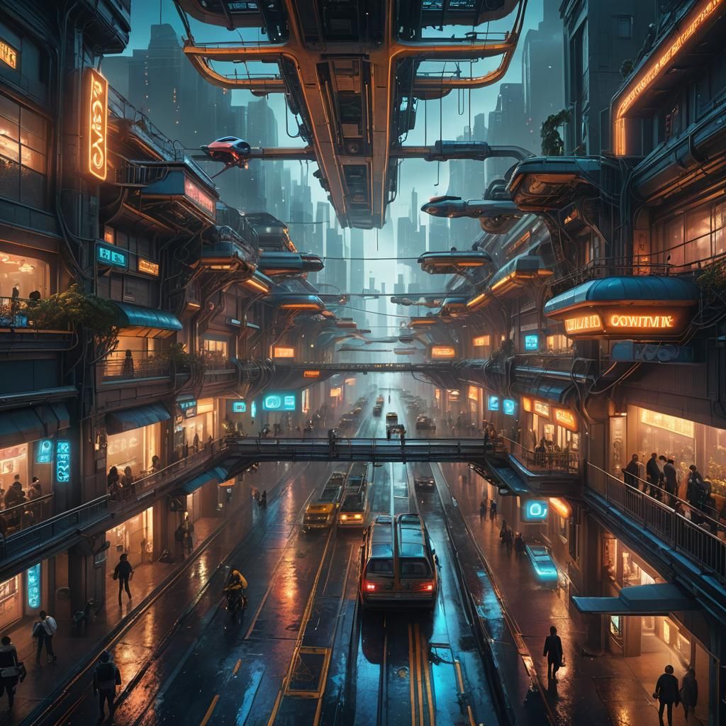 Hyper-Realistic Sci-Fi Cityscape with Flying Vehicles