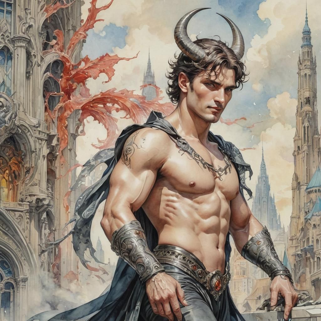 Art Deco Demon in Hellish Cityscape