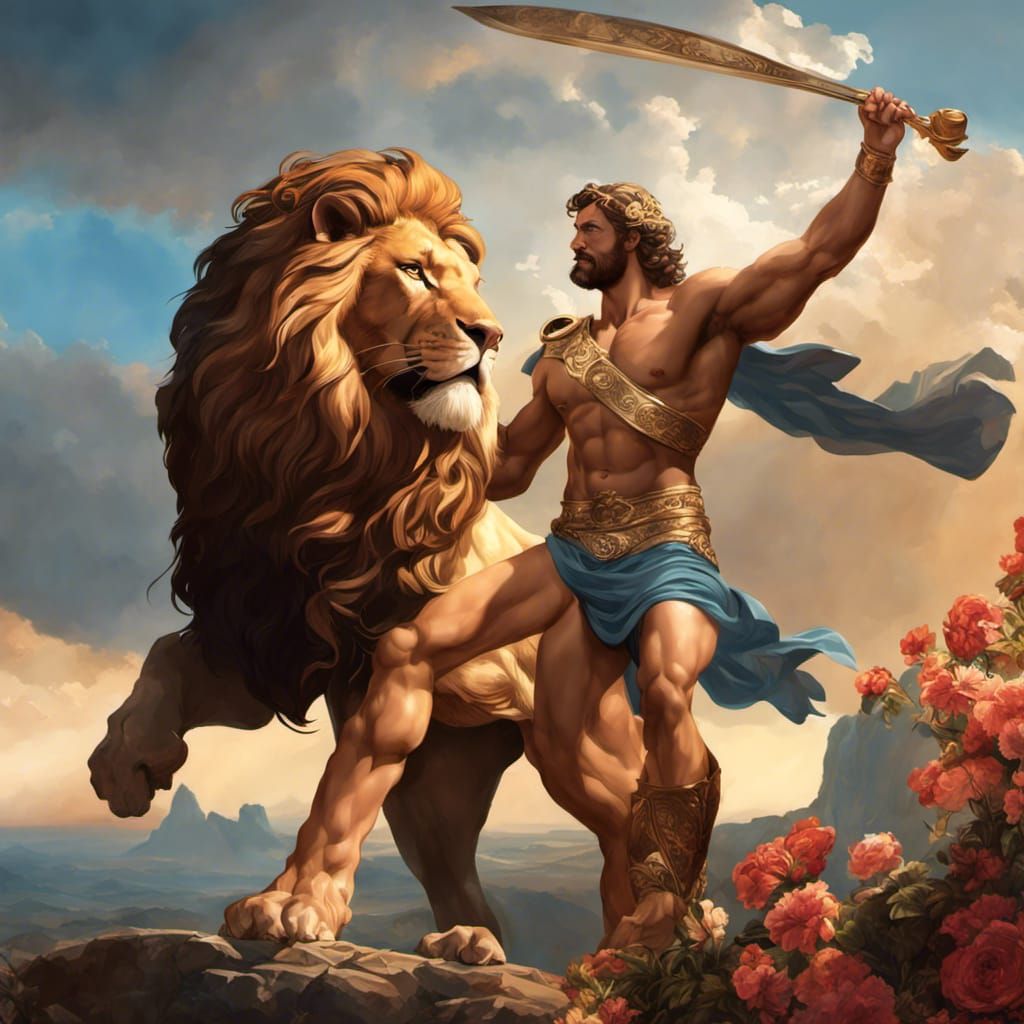Hercules Battles Nemean Lion: Art Nouveau Portrait