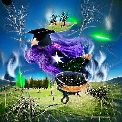 Surreal Witch Stirring Cauldron Digital Illustration