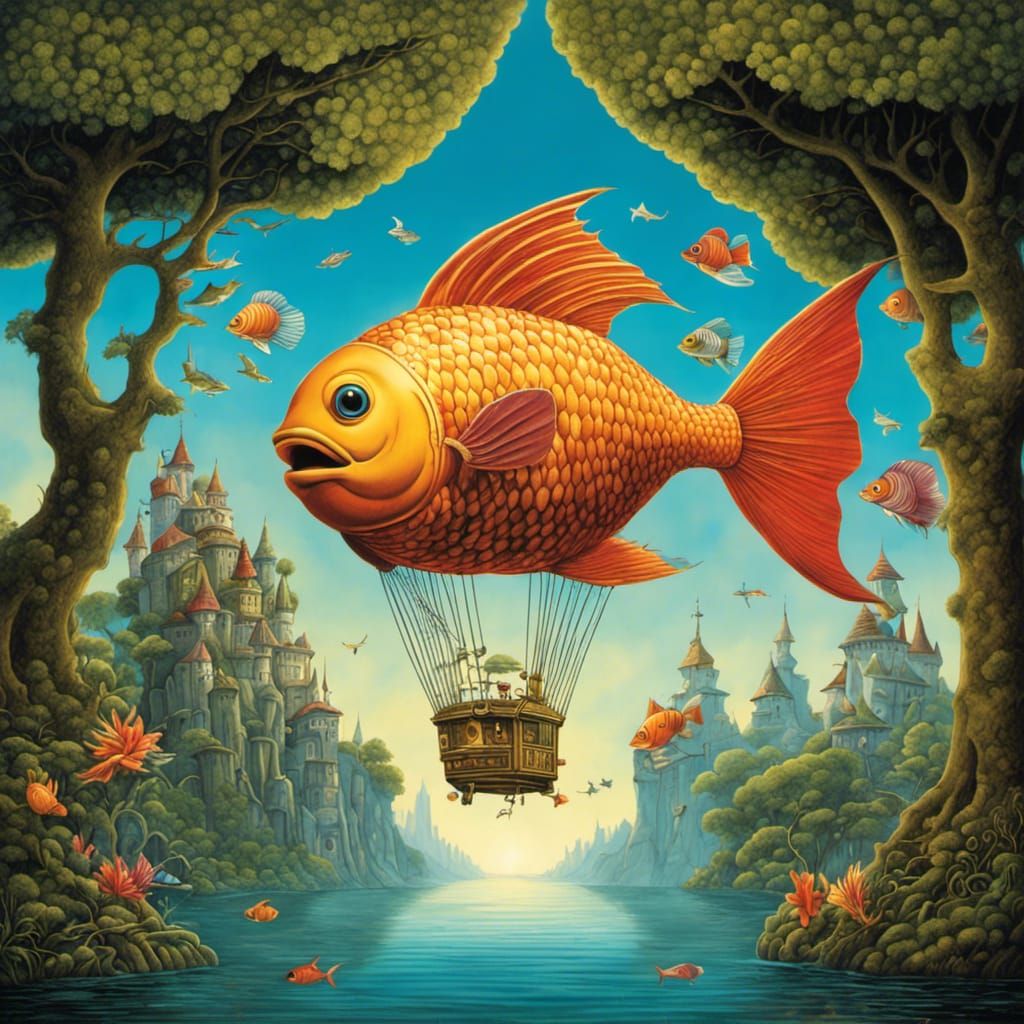 Fish Parachuting in Surrealist Style