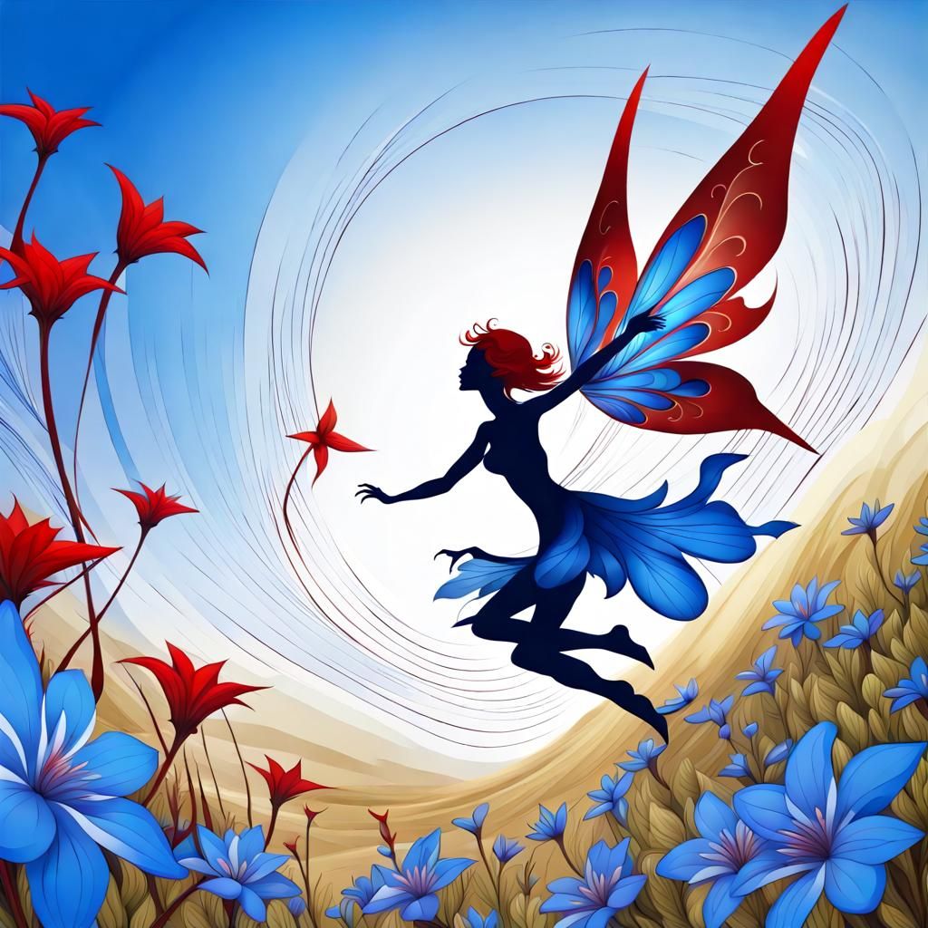 Winged Fairy in Field of Blue Flowers