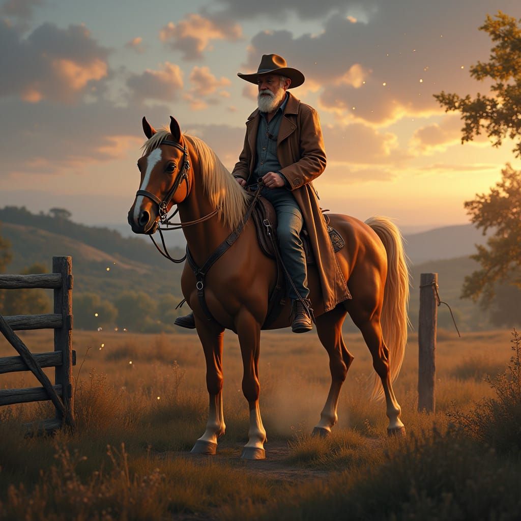 Weathered Cowboy Rides Majestic Palomino in Enchanted Sunset...