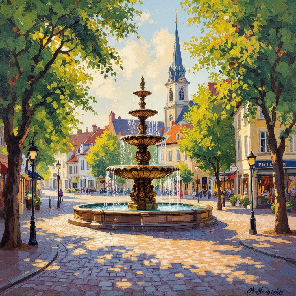 Impressionist Town Center with Fountain and Church