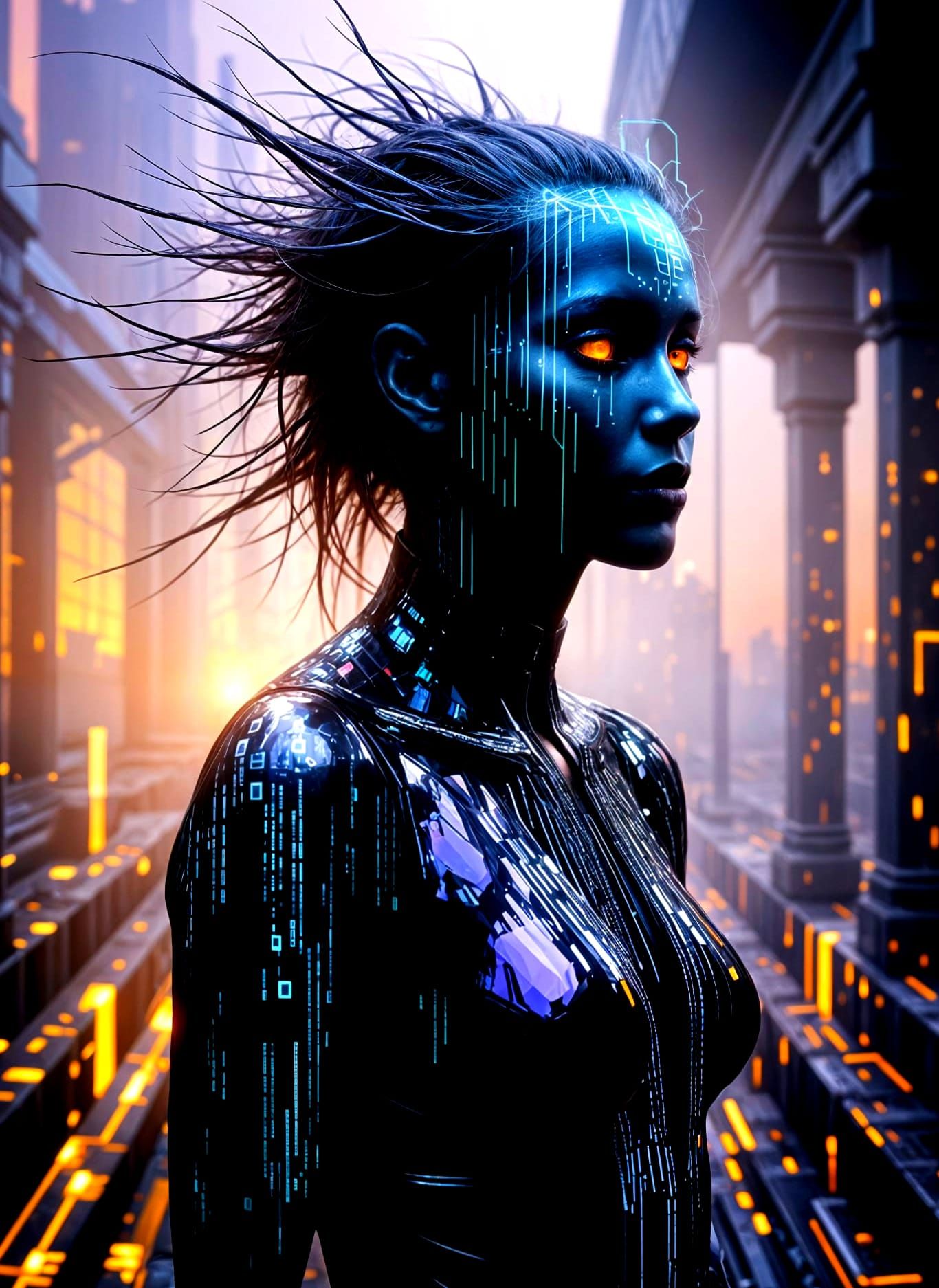 Ominous Binary Code Being with Glowing Runes