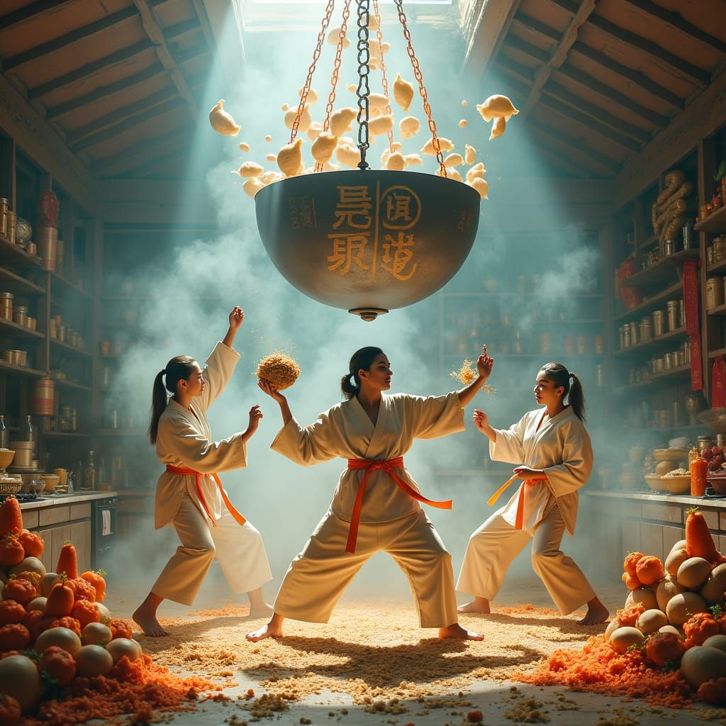 Women in Karate Gis Whip Up Dumplings in a Vibrant, Fantasti...