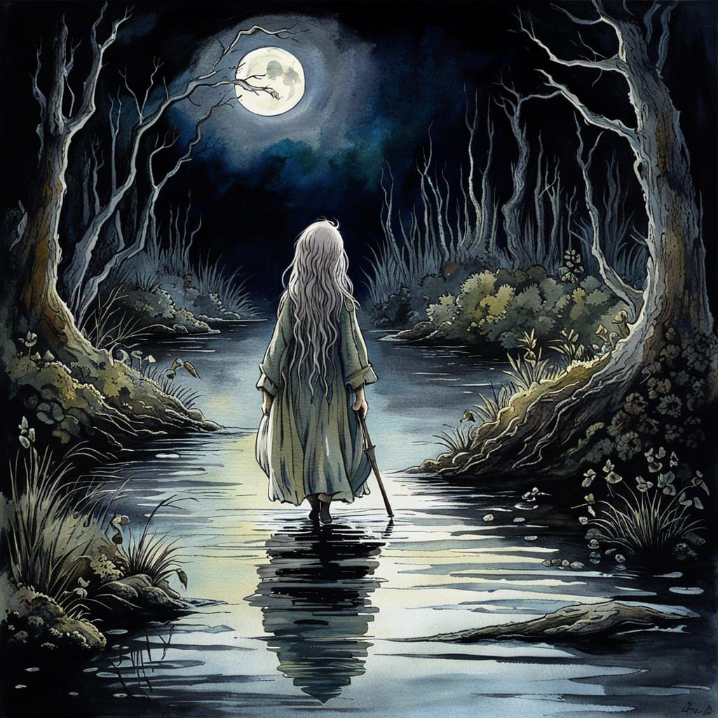 Ghost Girl Emerges from Swamp: Watercolor Storybook Illustra...