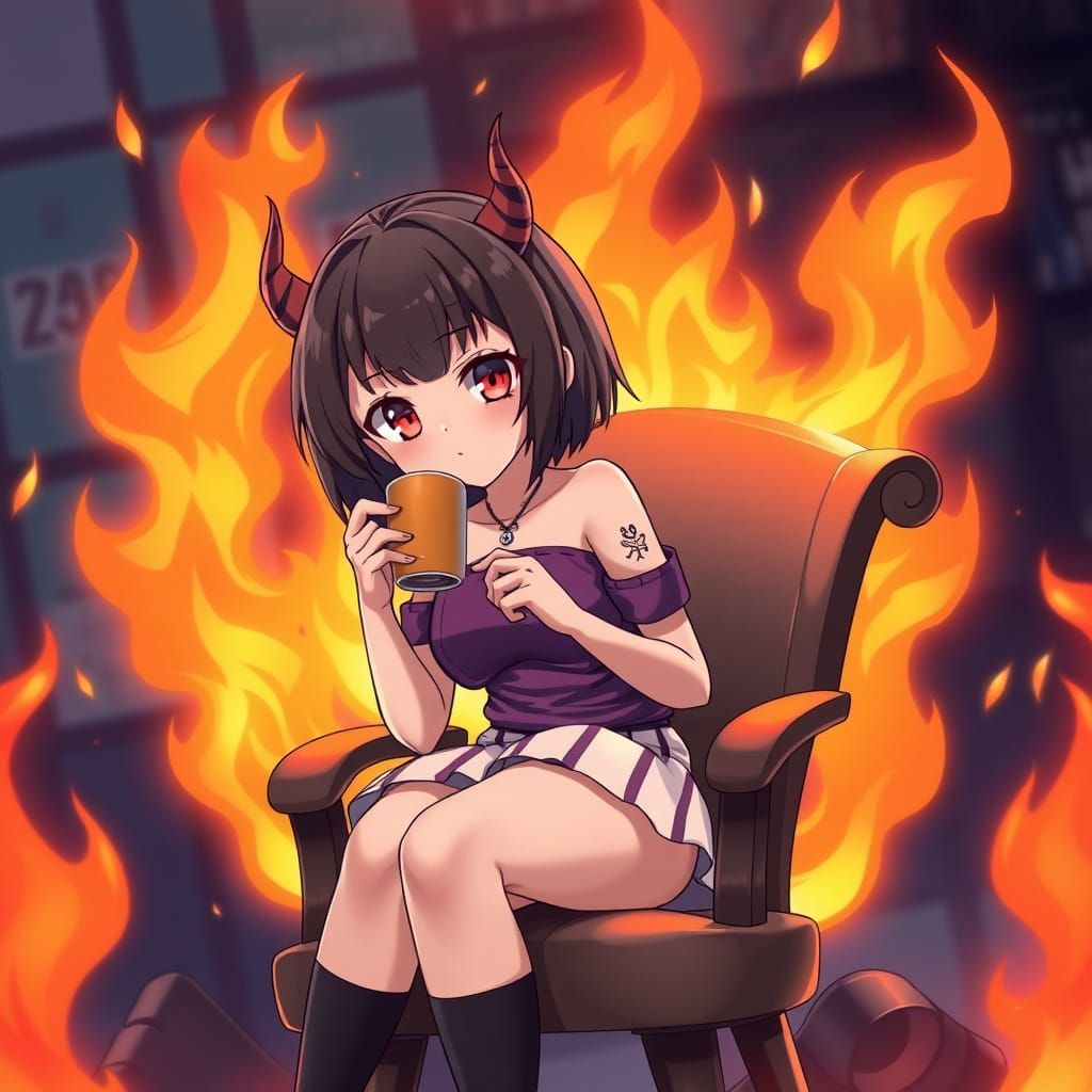 Anime Girl with Horns Amid Flames, Cel-Shaded Style