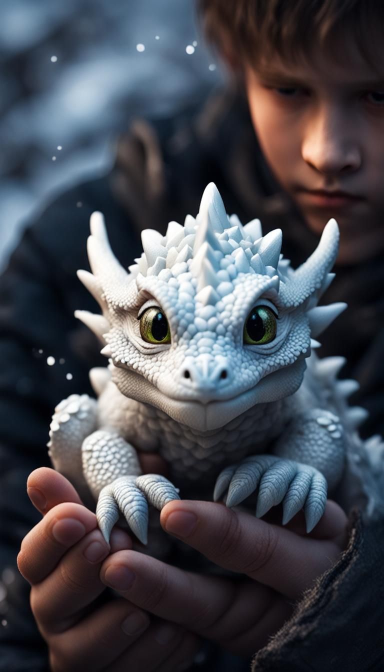 Hatching Snow Dragon Held in Gentle Hands