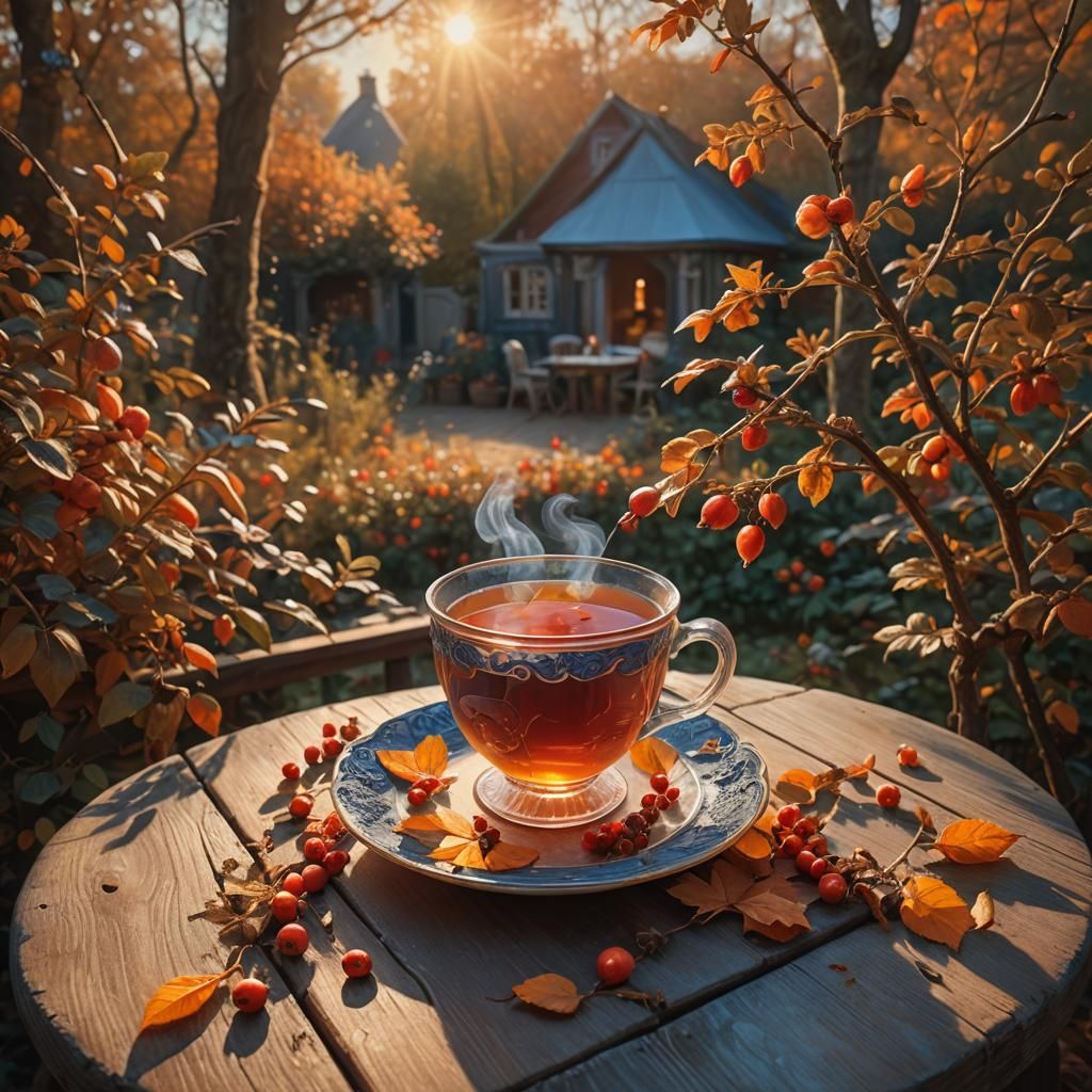 Rosehip Tea in Autumn Garden: Dutch Masters Oil Painting