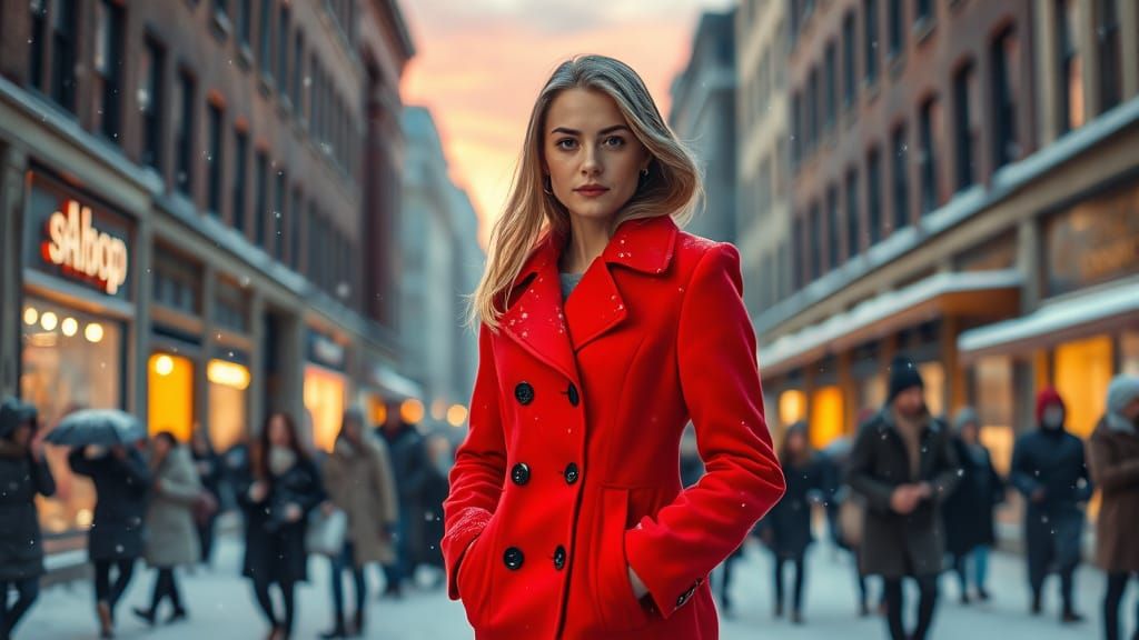 Woman in Red Coat on Snowy City Street at Dusk