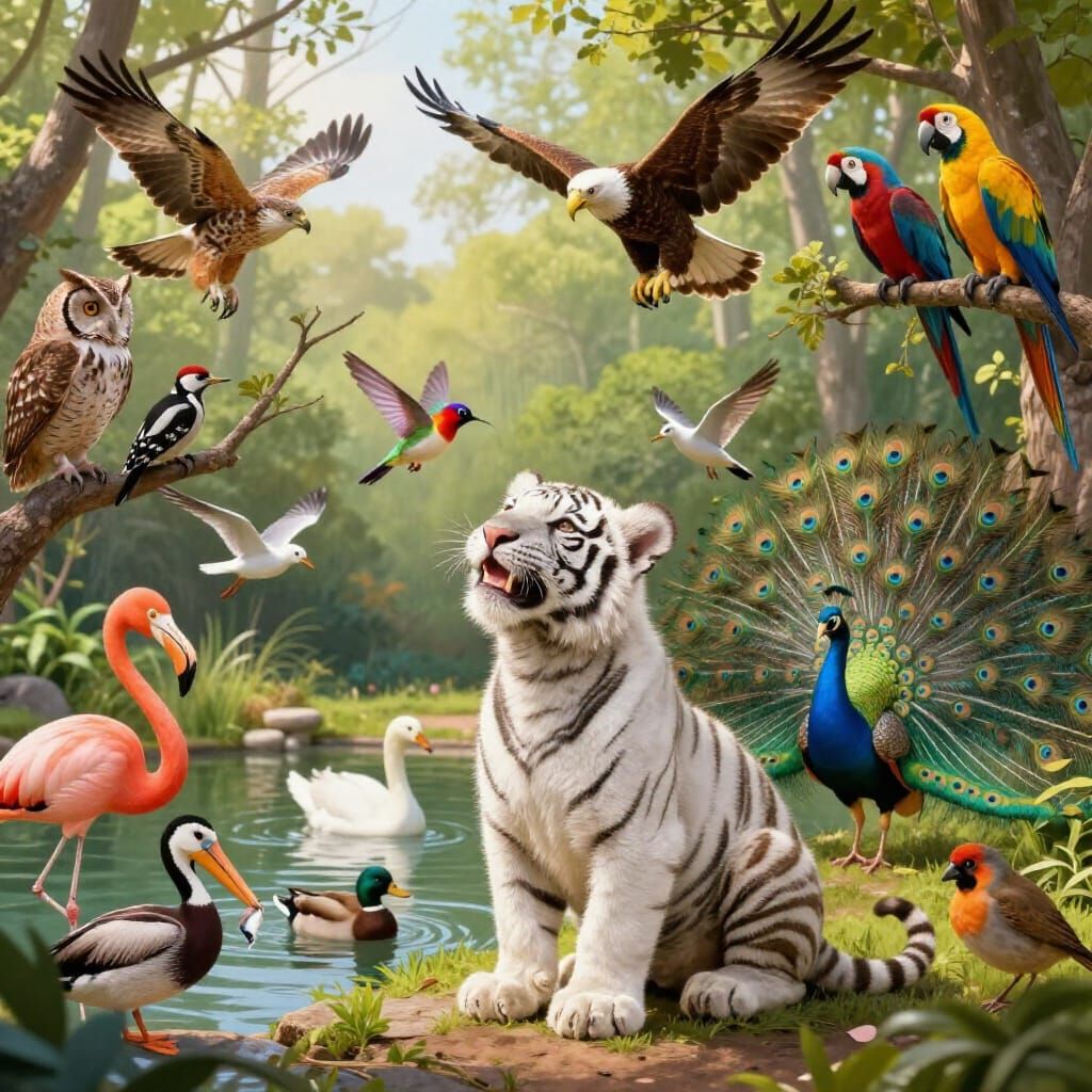 White Tiger Cub With Diverse Wildlife In Serene Wilderness