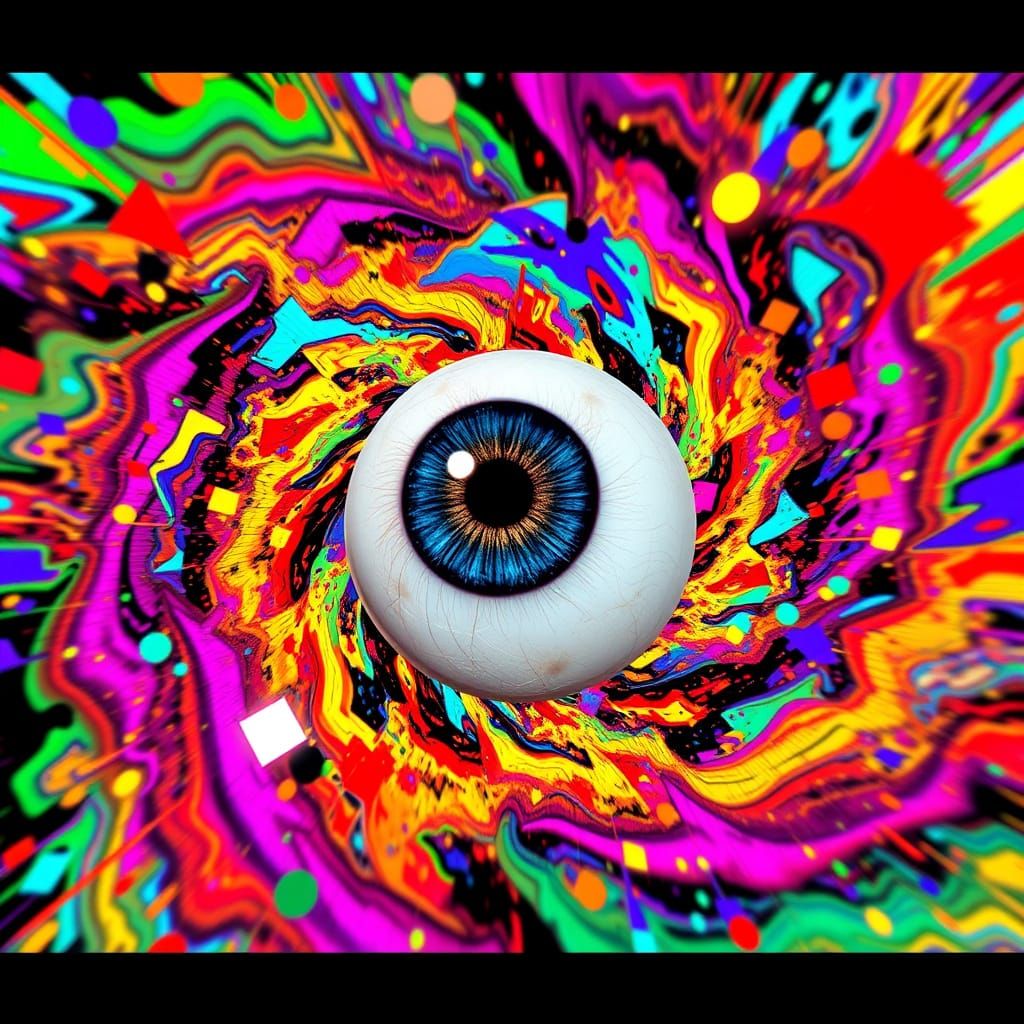 Surreal Eyeball Floating in Abstract Psychosis Swirl