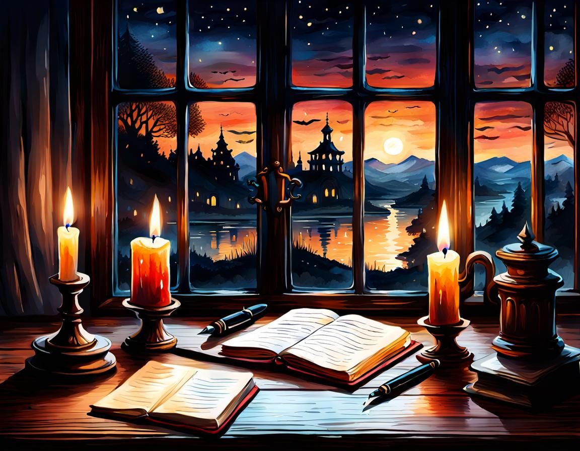 Candlestick and Diary at Night in Watercolor Style