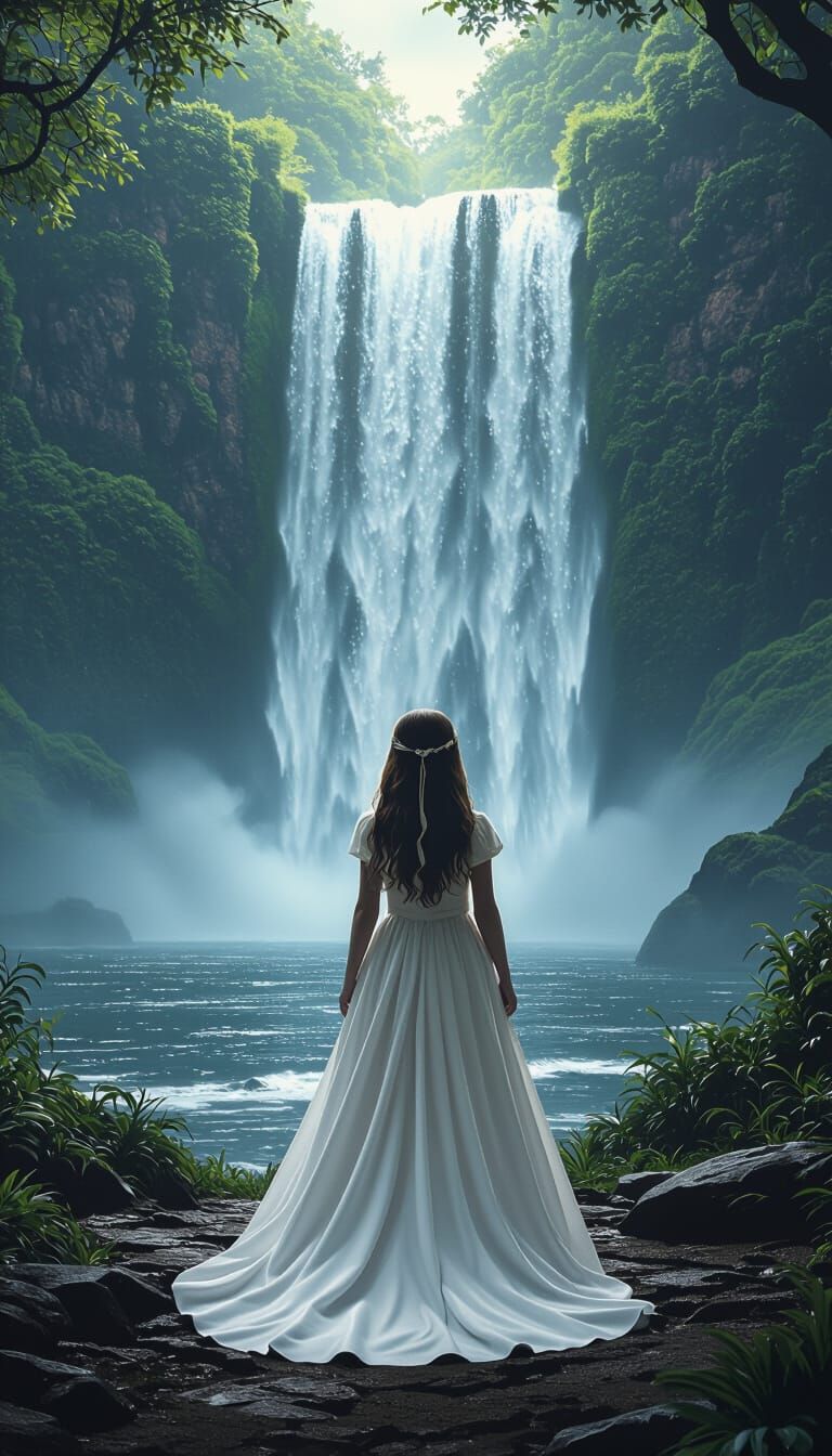Fairytale Maiden at Waterfall in Cinematic Style