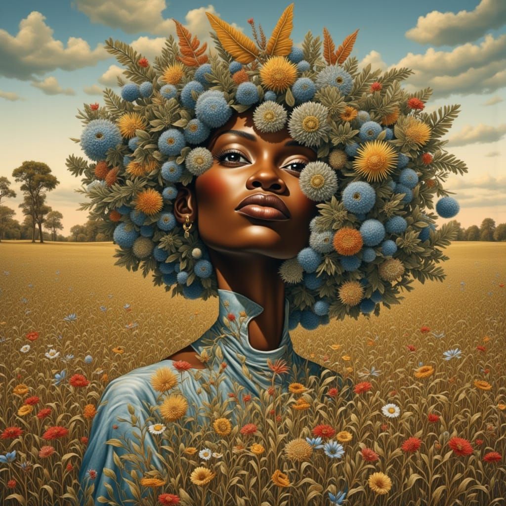 Surreal Black Woman's Face Merged with Landscape Art