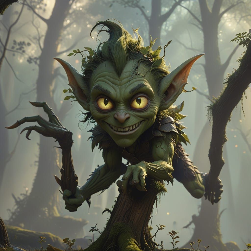 Whimsical Green Goblin in a Mystical Forest