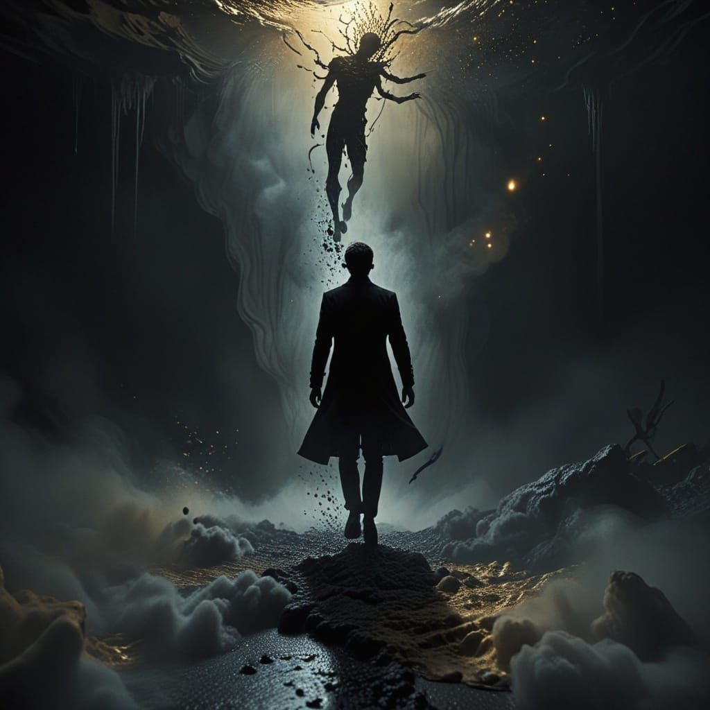 Surrealist Man Falls into Twisted Shadows at Golden Hour