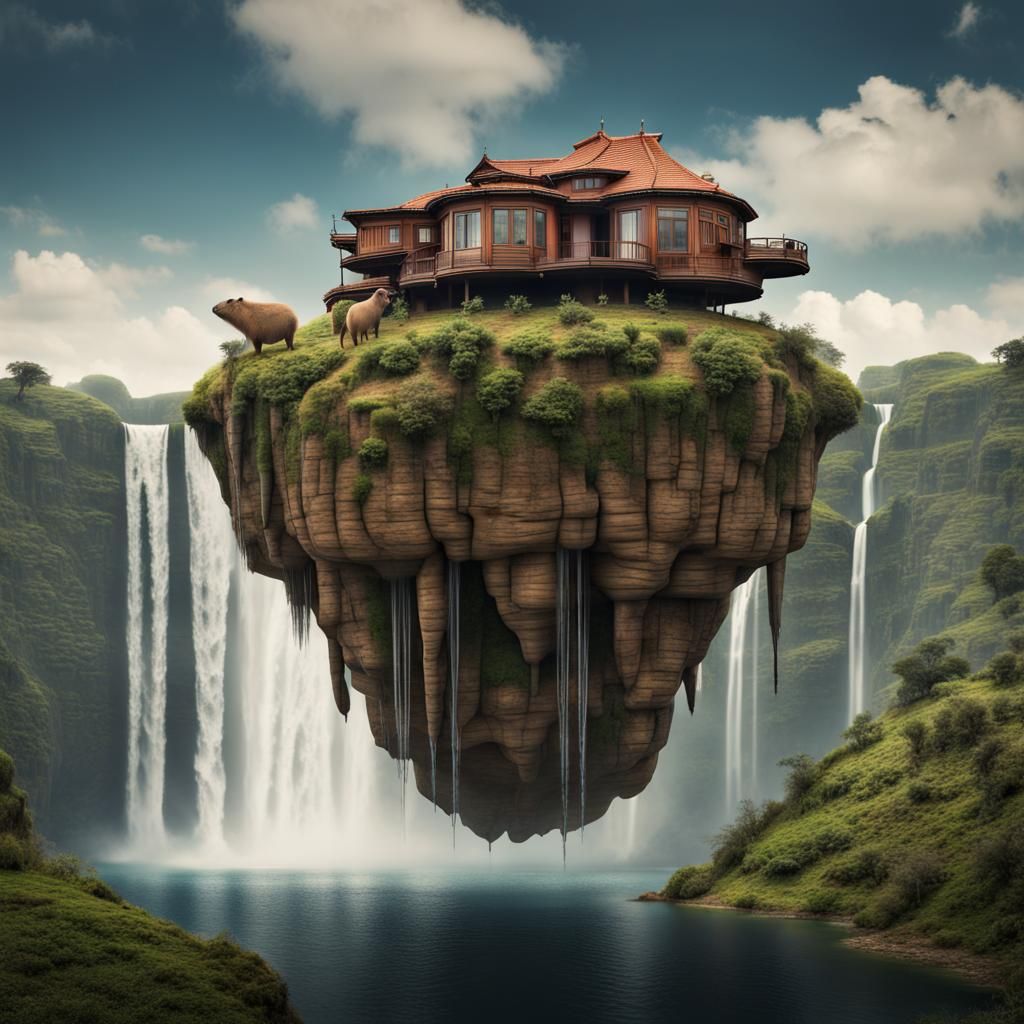 Surreal Sky Islands with Floating House and Waterfalls
