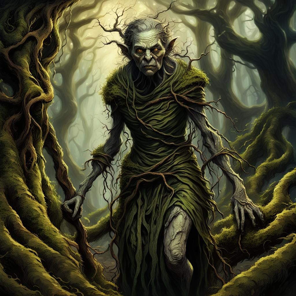 Dark Fantasy Crone, Twisted Woodland Scene in Hyperrealistic...