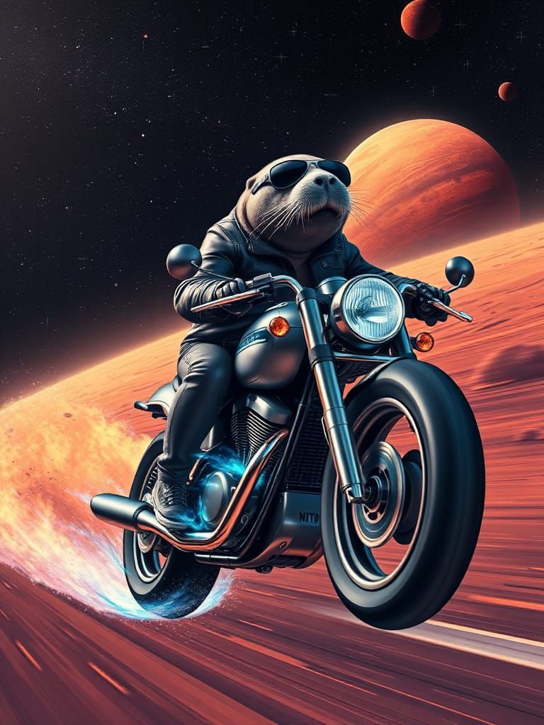 Manatee Space Biker in Futuristic Pop Art Style