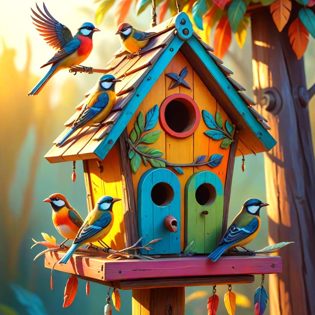 Birds and a Fancy Birdhouse