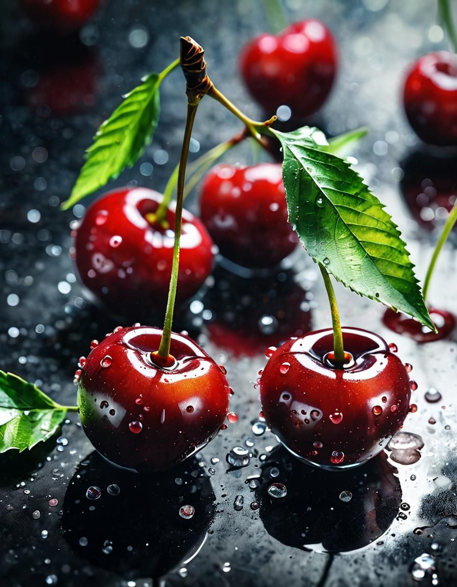 Watercolour Painting, Hyper realistic pair of vibrant Cherri...