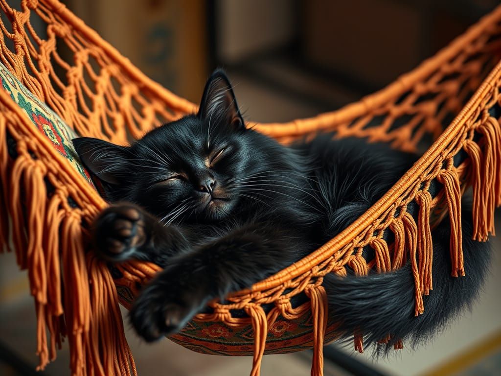 Photorealistic Black Cat Sleeping in Tribal Hammock