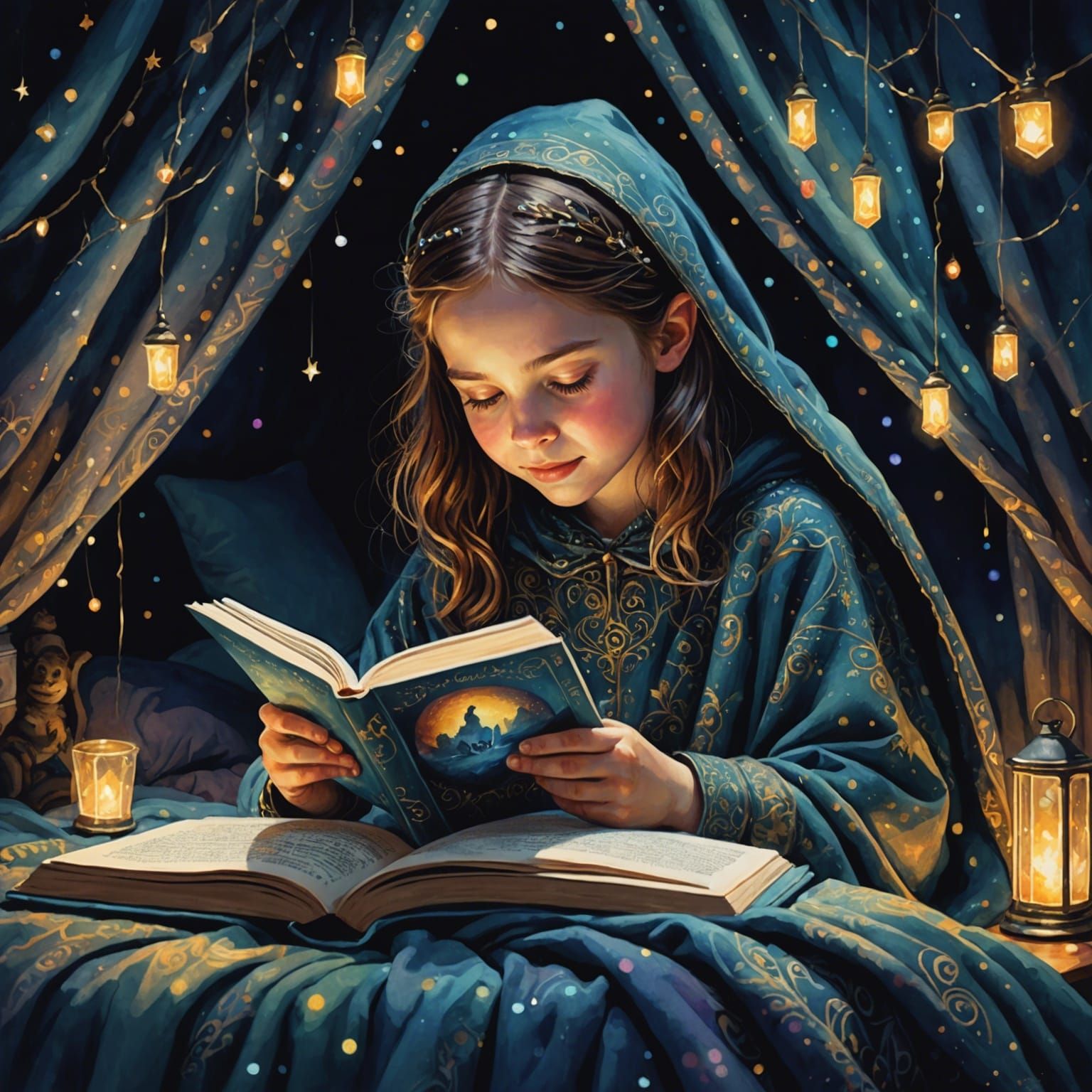 Girl Reading Book in Glittery Watercolor Fantasy