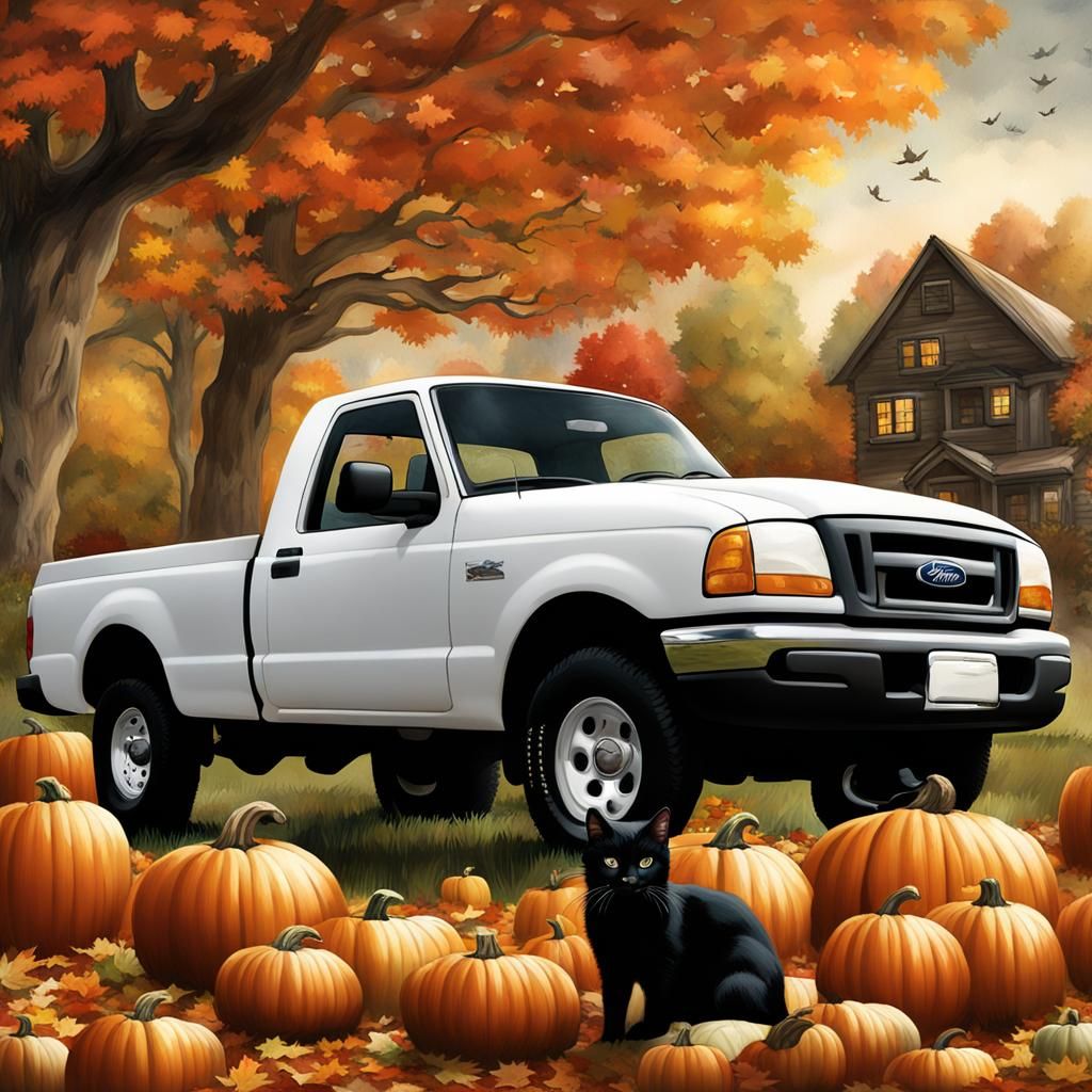 Fall Scene: White Truck, Black Cat, Pumpkins