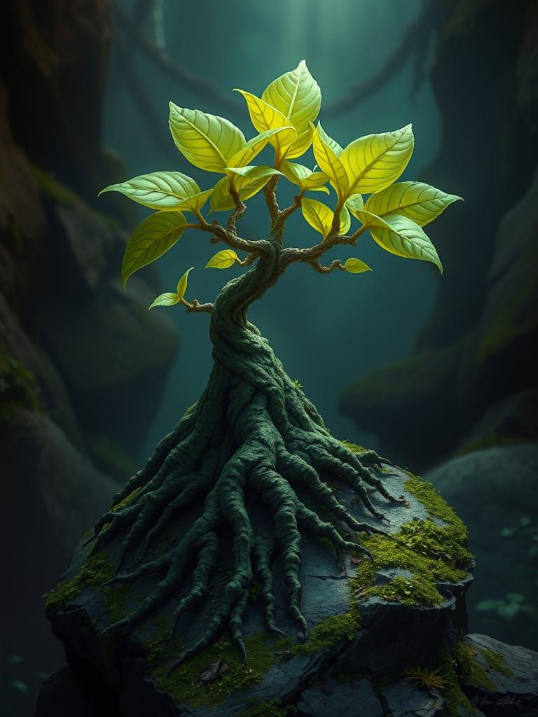 Bioluminescent Plant on Ancient Stone