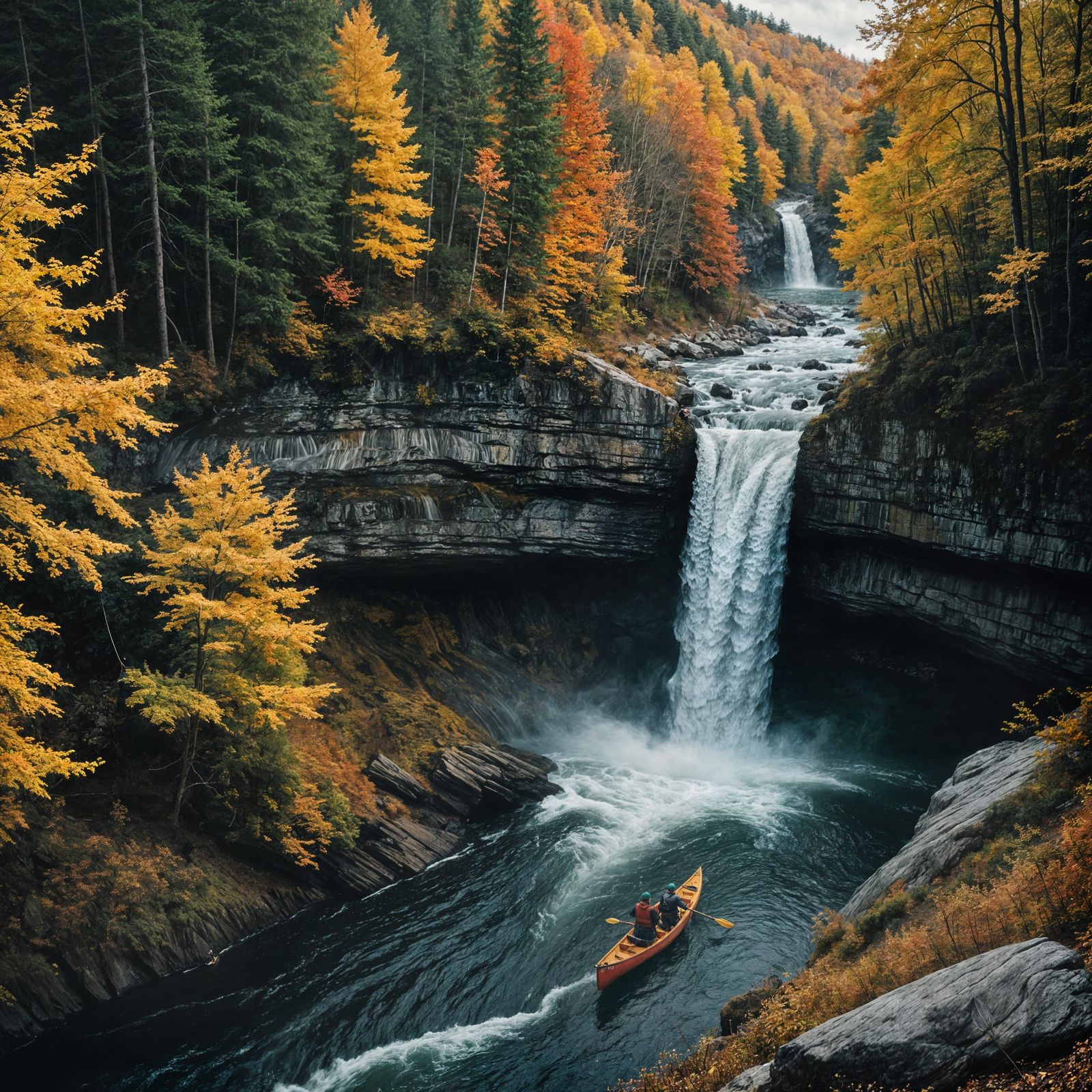 Epic Autumn Waterfall Scene with Canoeist