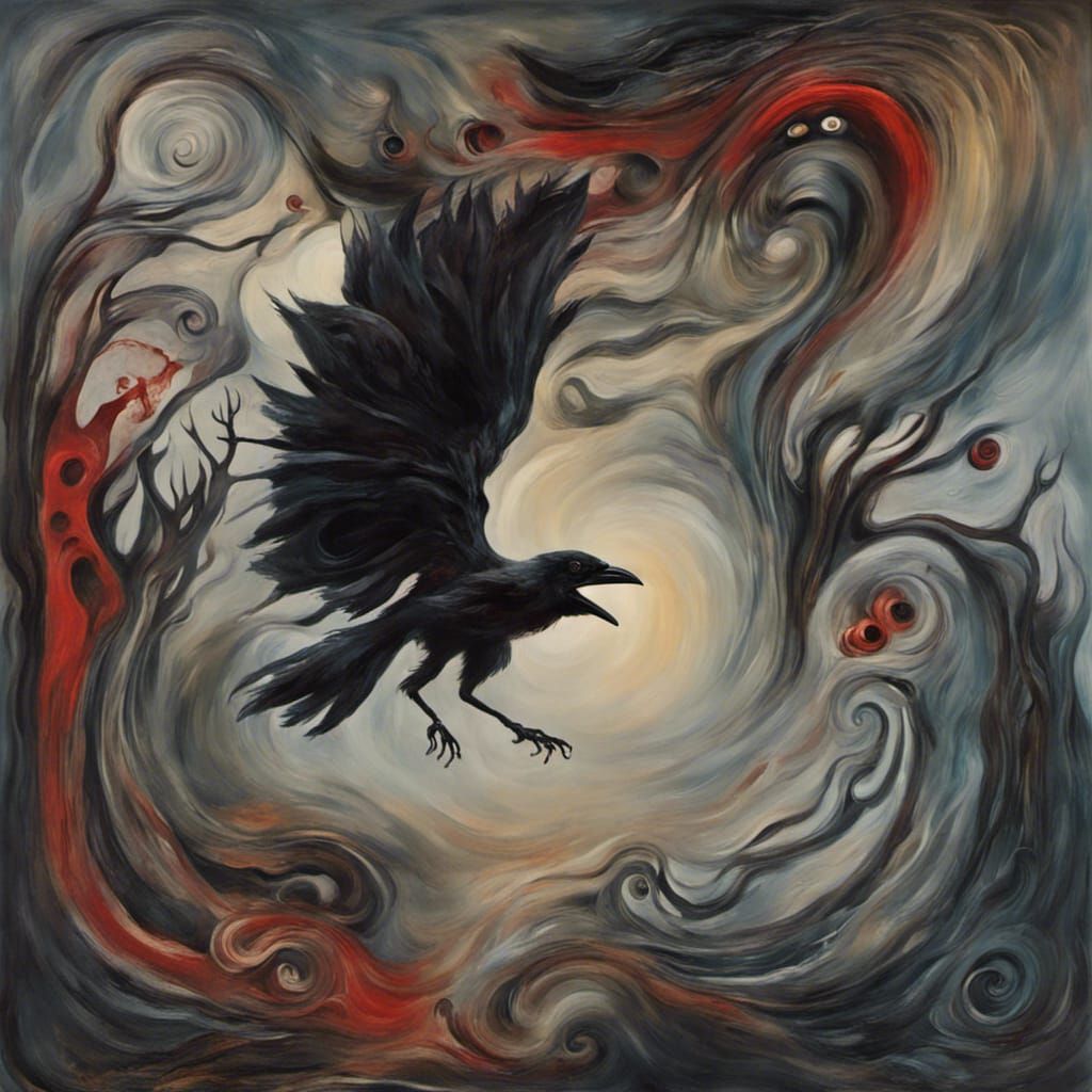 Surreal Raven and Wise Woman in Forest