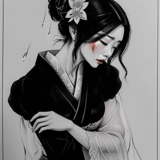 Sad Geisha in Rain, Hyperdetailed Cross Hatching Drawing