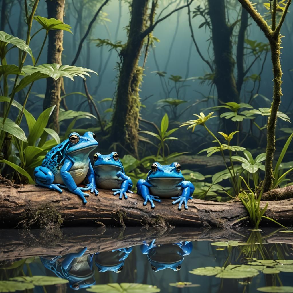 Psychedelic Blue Frogs in Lush Jungle, Digital Art
