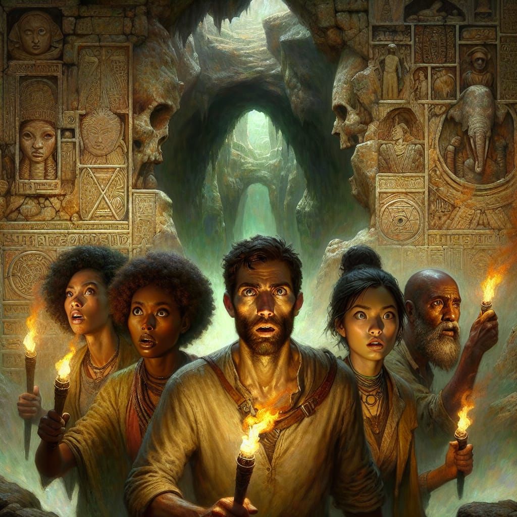 Adventurers at Cave Entrance in Pre-Raphaelite Style