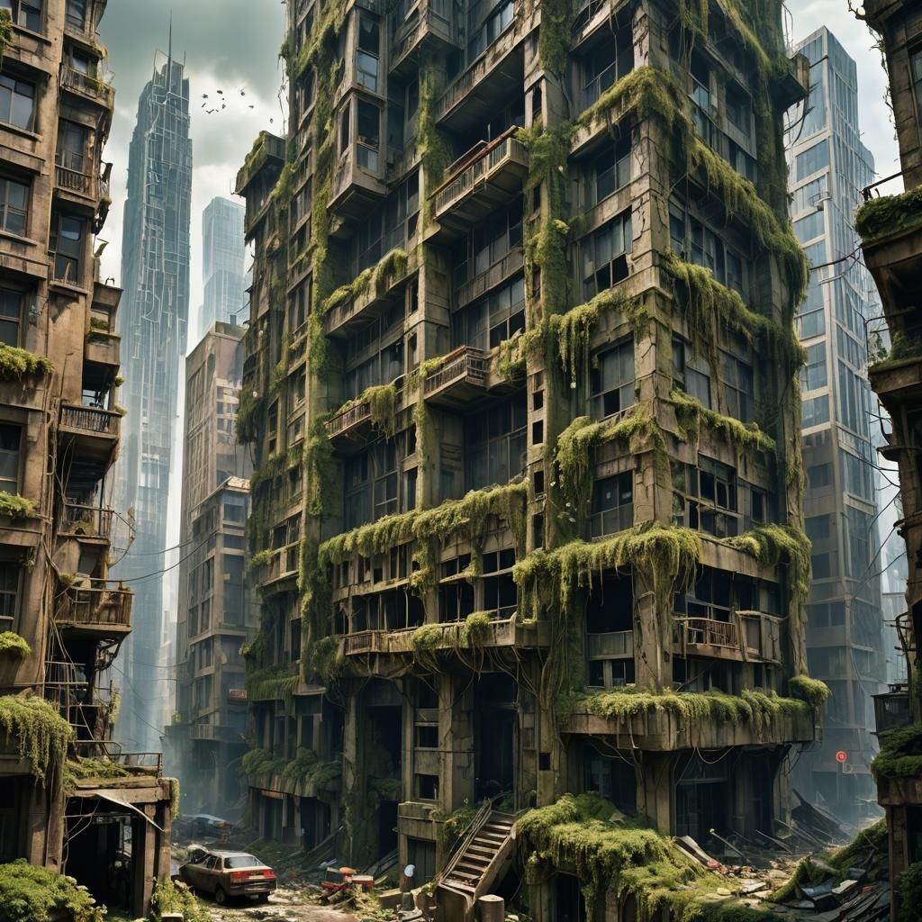 Dystopian Cityscape: Nature Reclaims a Ruined World