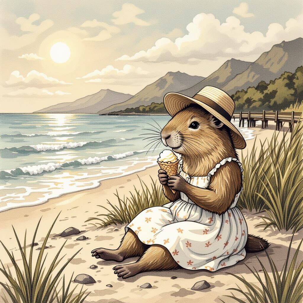 Capybara's Beach Day: A Whimsical Pencil Drawing