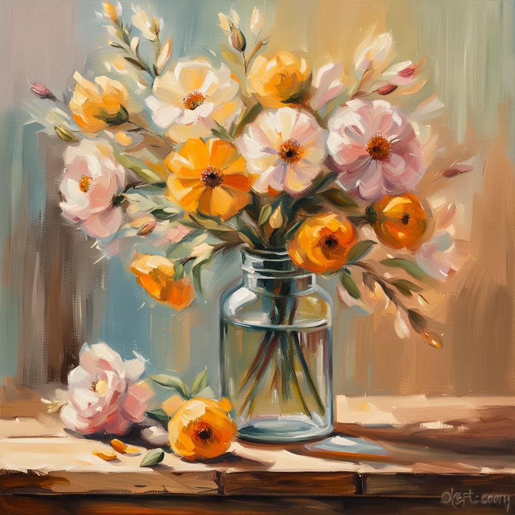 Warm Oil Painting of Flowers in a Cozy Glass Bottle
