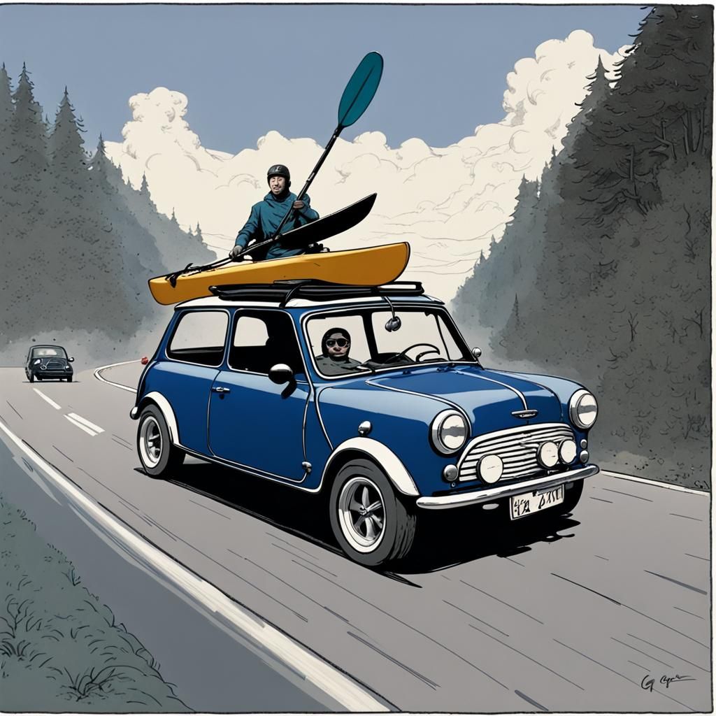 Blue Mini Cooper Kayak in Gothic Horror Style