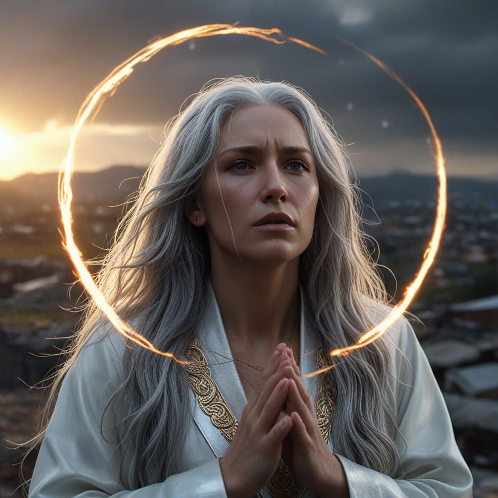 Angel Woman Prays in War-Torn Kuoh Town