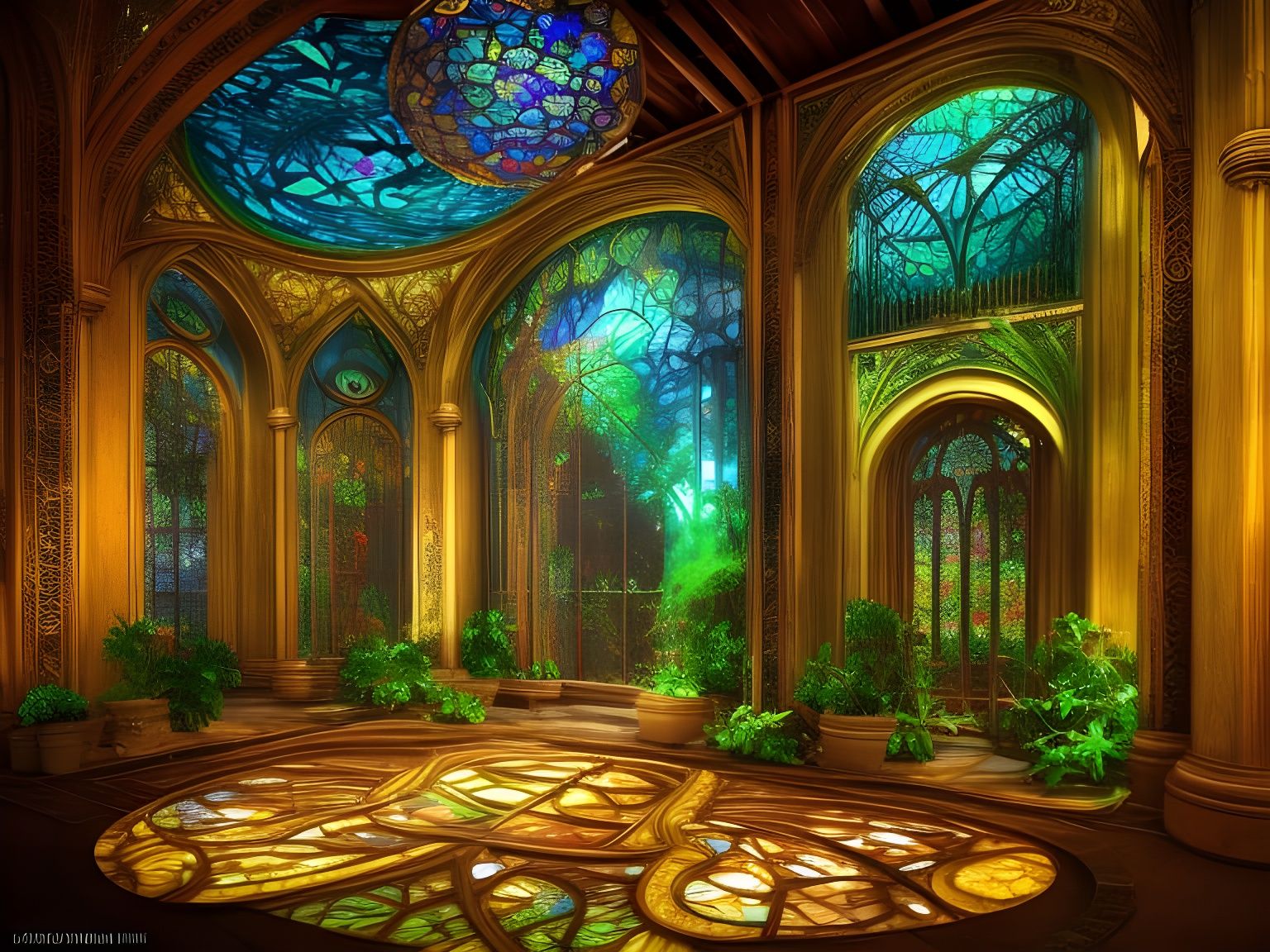Dreamy Elven Atrium with Stained Glass