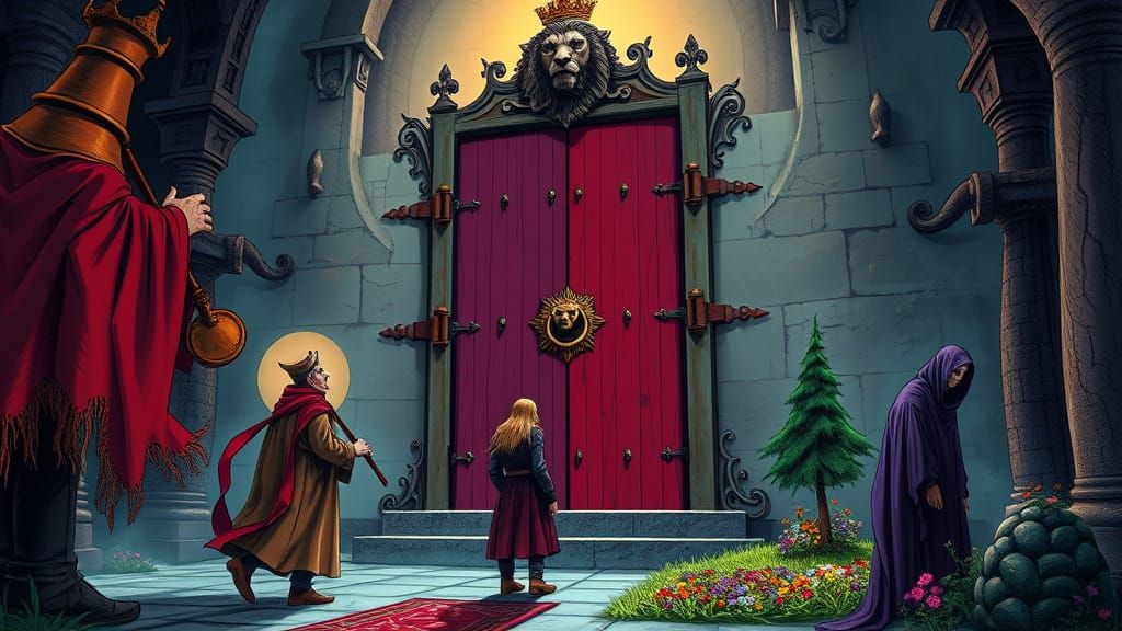 Majestic Crimson King in Dreamlike Court Scene