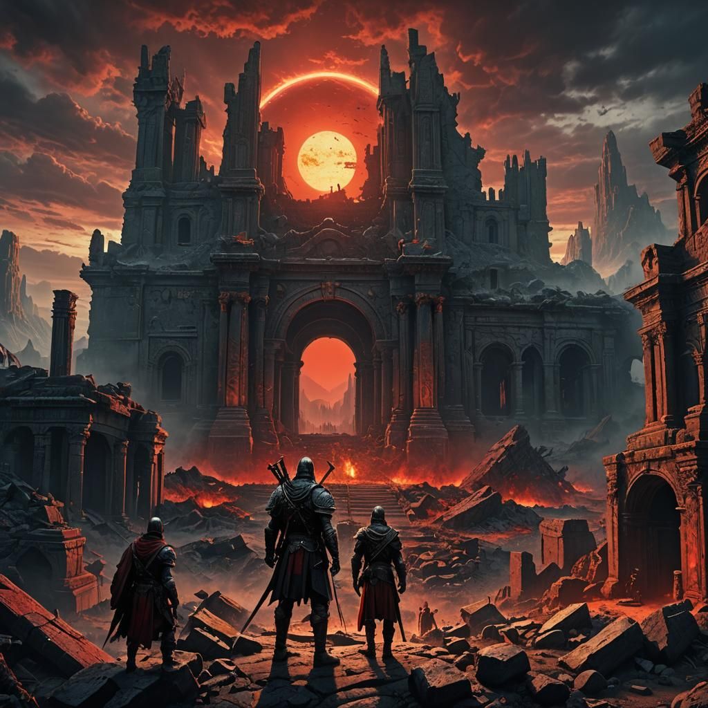 (warrior :1,5) , ancient ruins, post apocalyptic, RED SUN, moody, POSTER ART, atmospheric,oil pastel,  Gustave Dore, COS...