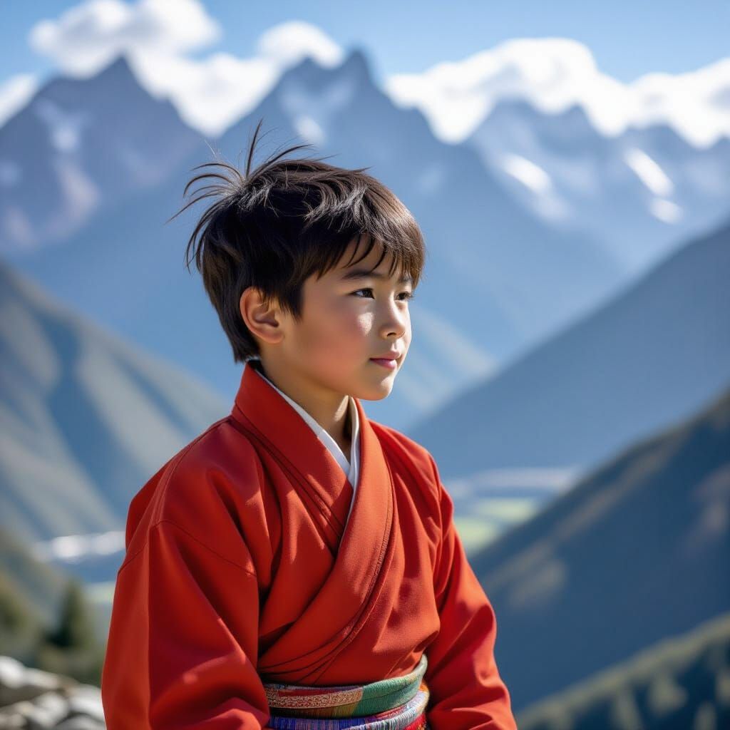 Bhutan Boy in Traditional Dress Overlooking Serene Valley