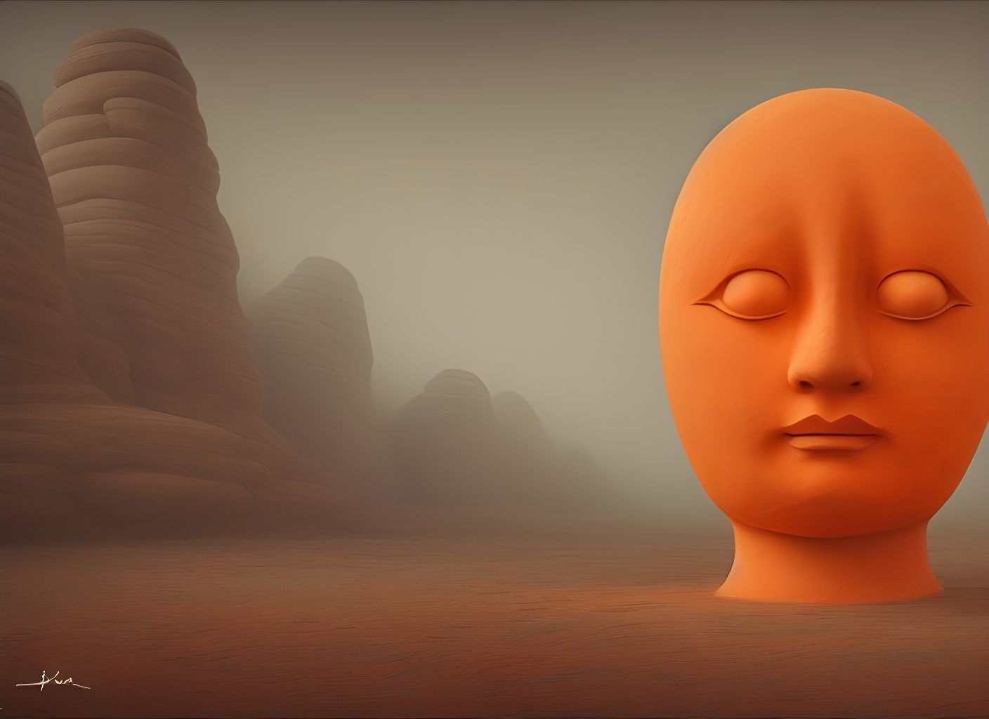 Surreal Stone Head in Haunted Desert Landscape
