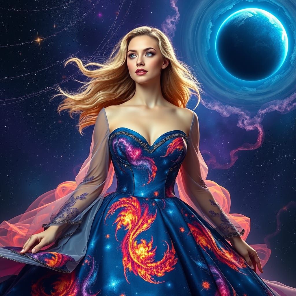 a vibrant digital artwork featuring a woman in an elaborate,...